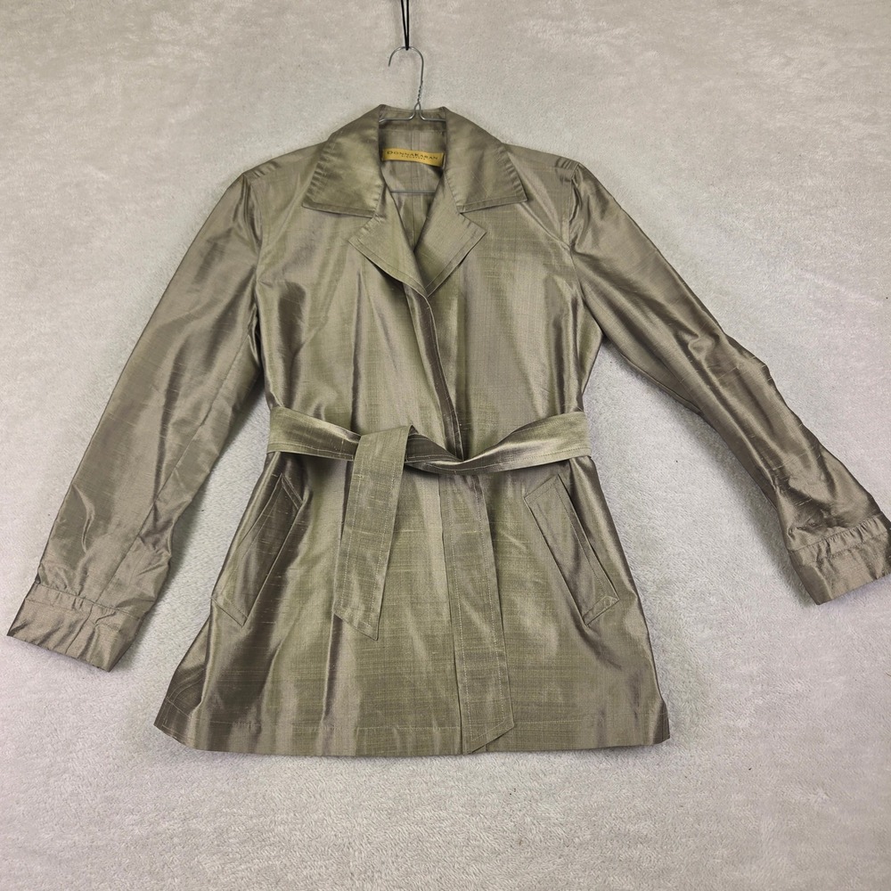 Donna Karan Signature Silk Blend Belted Trench Coat Jacket Taupe Bronze Medium